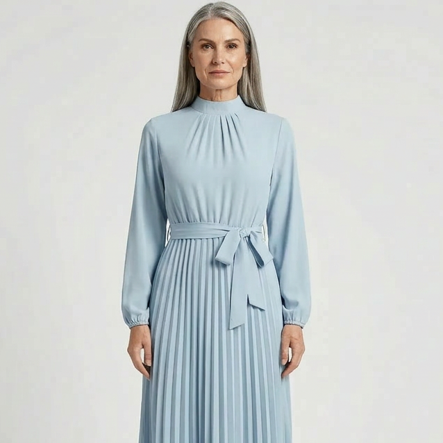 Plissara - Long-Sleeve Belted Midi Dress