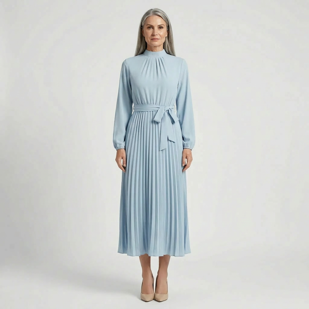 Plissara - Long-Sleeve Belted Midi Dress