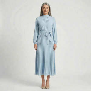 Plissara - Long-Sleeve Belted Midi Dress