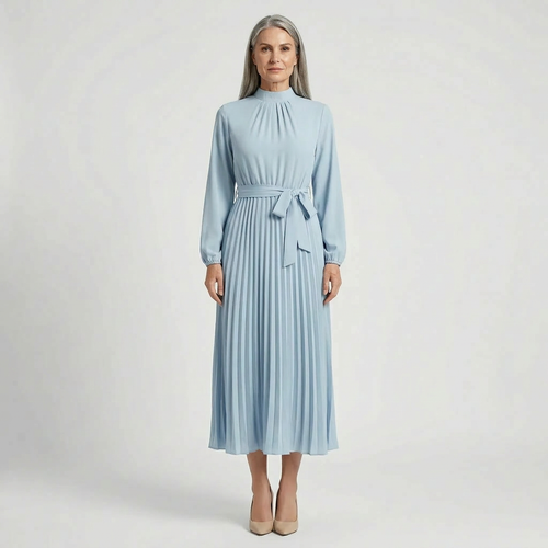 Plissara - Long-Sleeve Belted Midi Dress