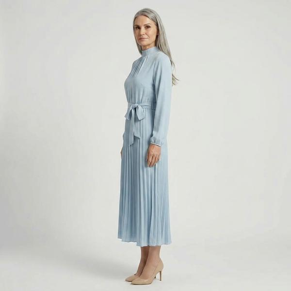 Plissara - Long-Sleeve Belted Midi Dress