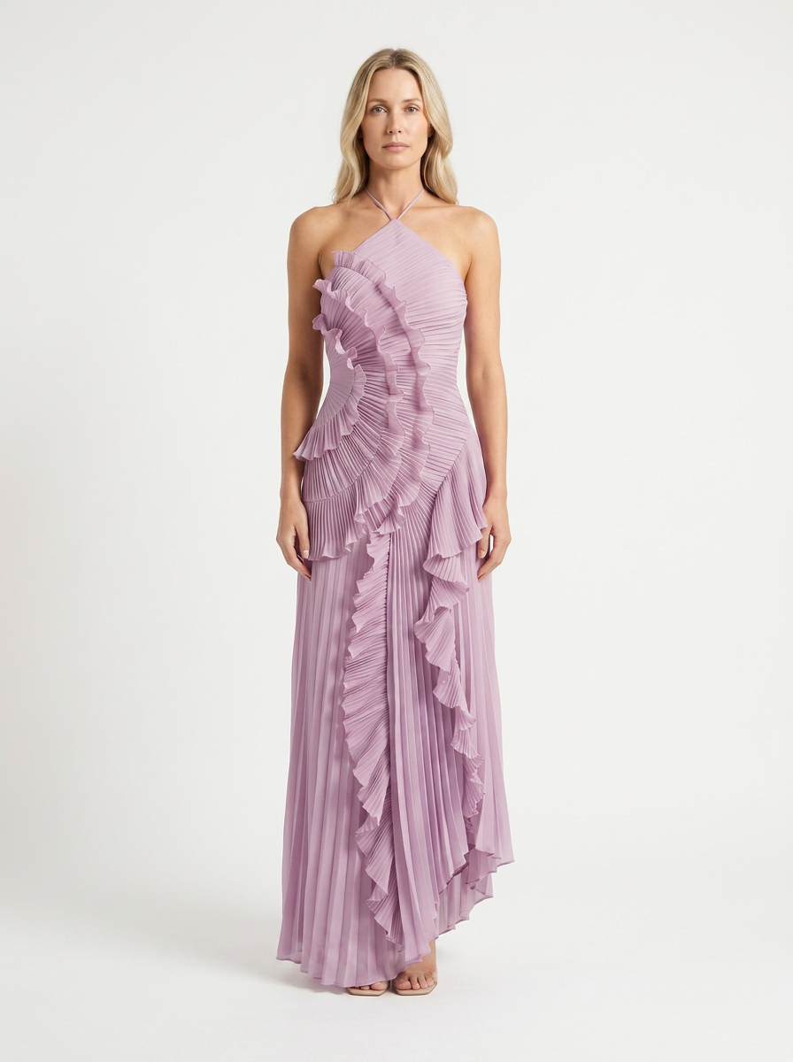 Hailey - Pleated Ruffle Halter Maxi Dress
