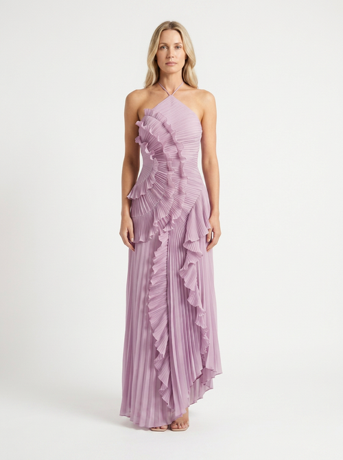 Hailey - Pleated Ruffle Halter Maxi Dress
