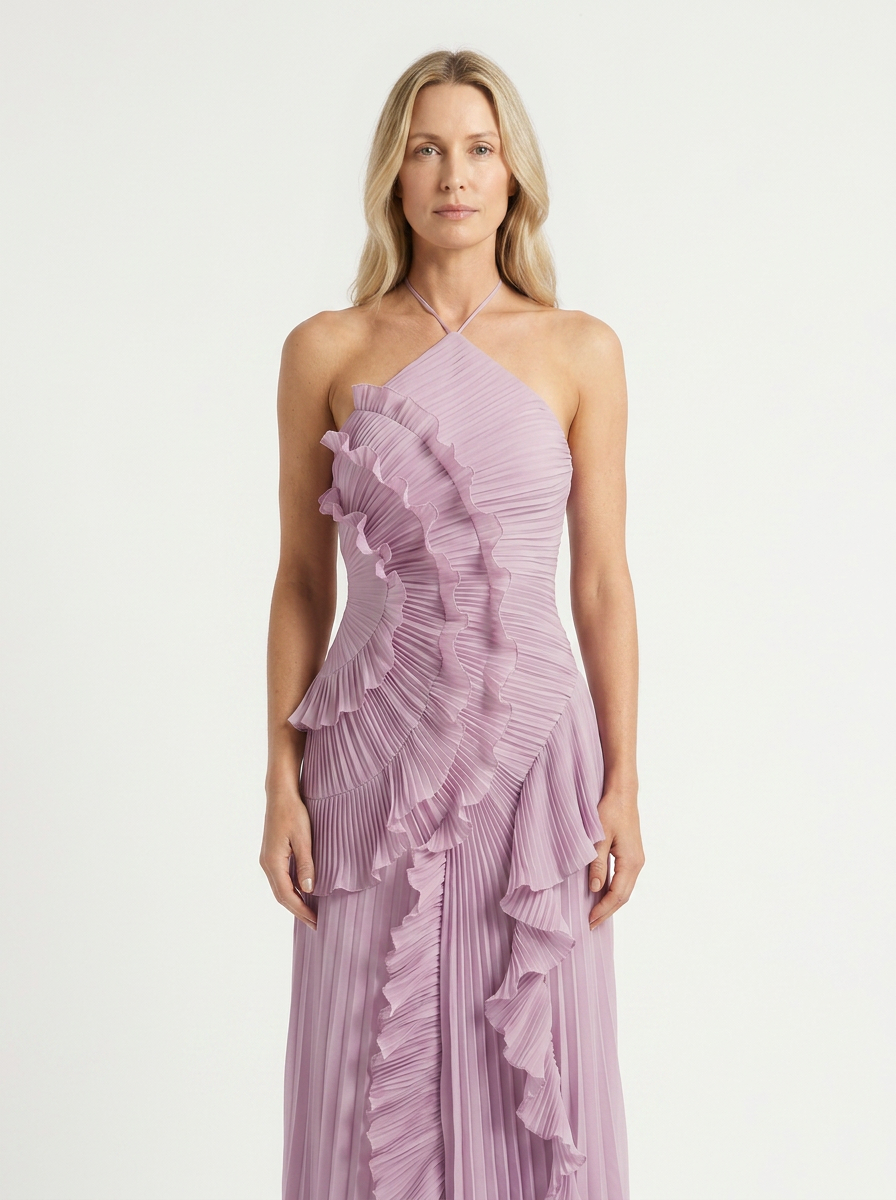 Hailey - Pleated Ruffle Halter Maxi Dress