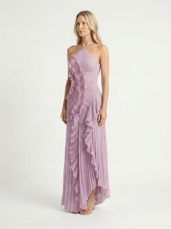 Hailey - Pleated Ruffle Halter Maxi Dress