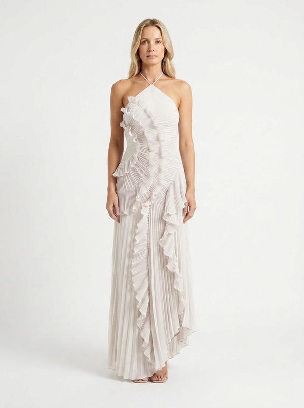 Hailey - Pleated Ruffle Halter Maxi Dress