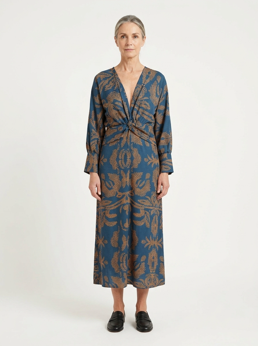 Cora - Deep V-Neck Printed Midi Dress
