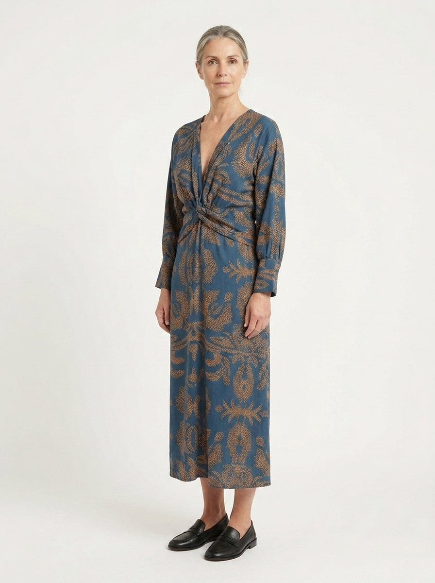 Cora - Deep V-Neck Printed Midi Dress
