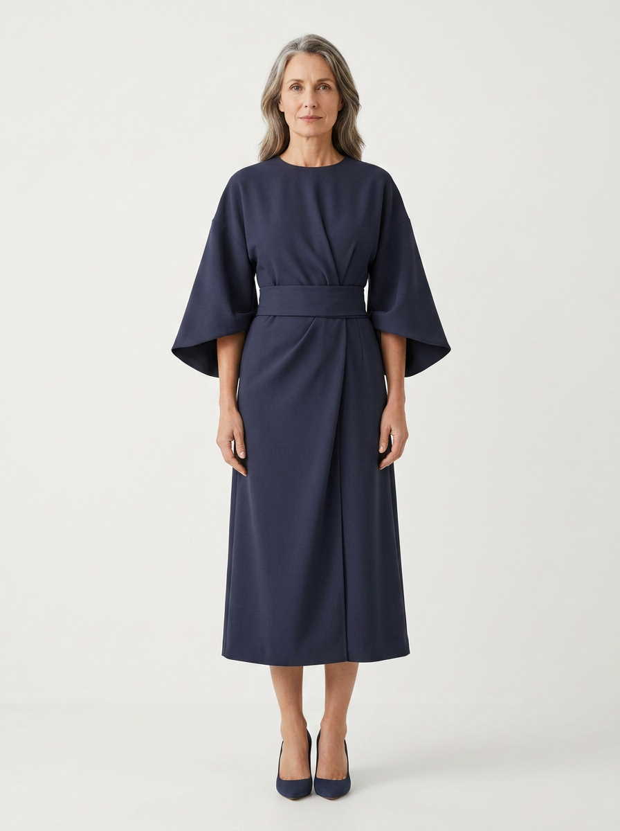 Angela - Belted Waist Midi Dress With Wide Sleeves