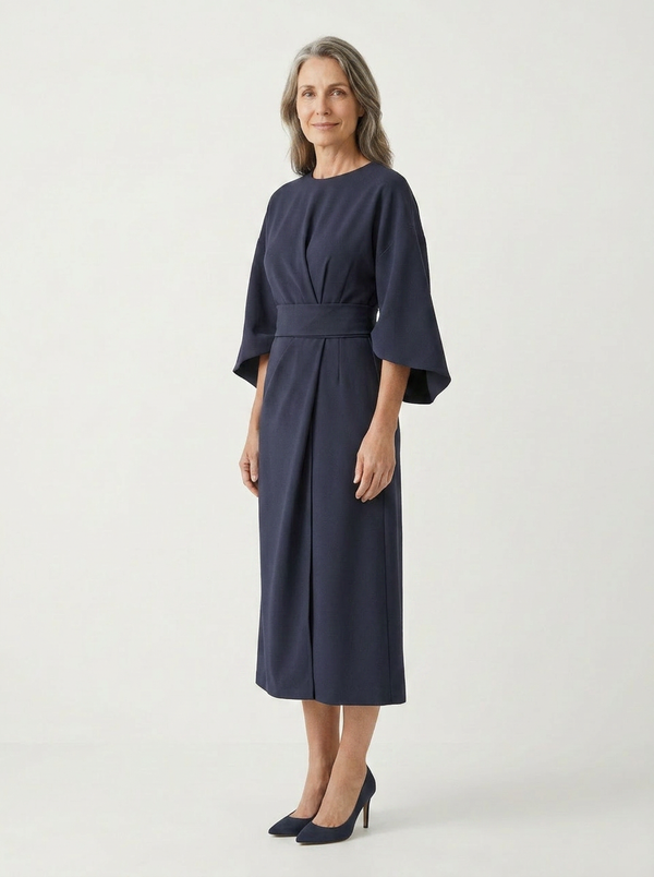 Angela - Belted Waist Midi Dress With Wide Sleeves
