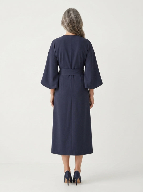 Angela - Belted Waist Midi Dress With Wide Sleeves