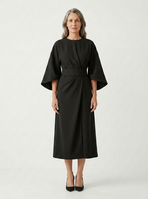 Angela - Belted Waist Midi Dress With Wide Sleeves