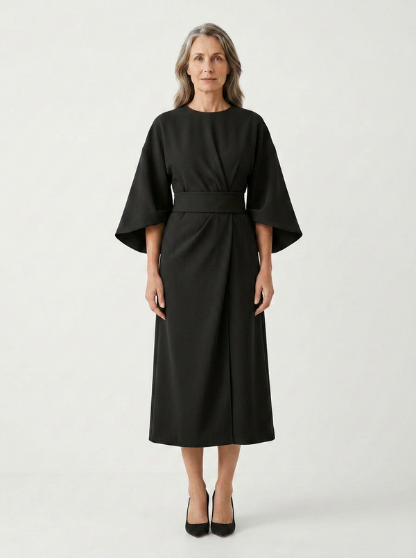 Angela - Belted Waist Midi Dress With Wide Sleeves