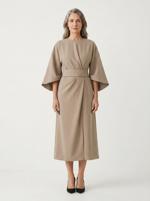 Angela - Belted Waist Midi Dress With Wide Sleeves