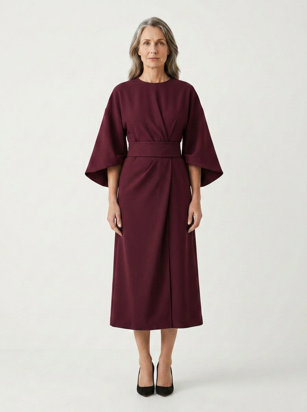 Angela - Belted Waist Midi Dress With Wide Sleeves