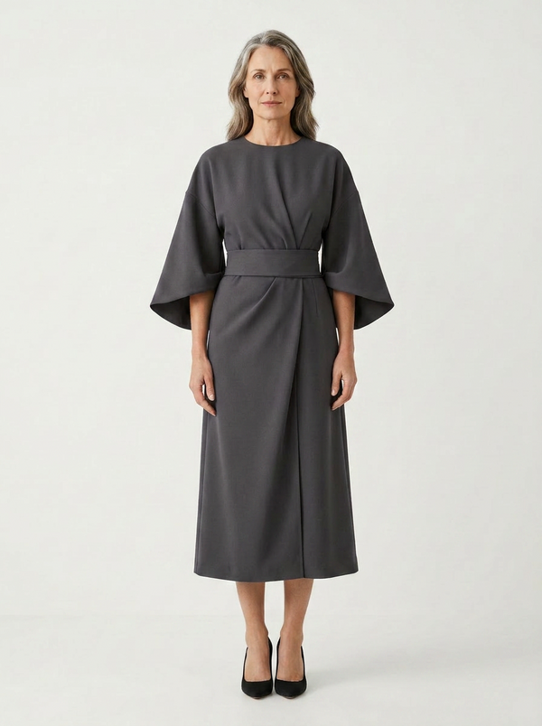 Angela - Belted Waist Midi Dress With Wide Sleeves