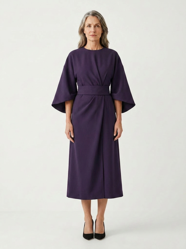 Angela - Belted Waist Midi Dress With Wide Sleeves