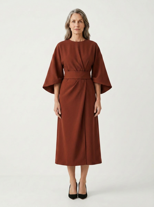 Angela - Belted Waist Midi Dress With Wide Sleeves