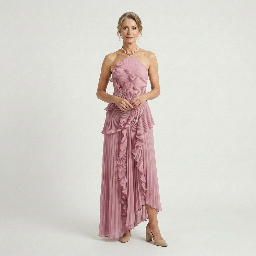 Ruffella - Pleated Ruffle Halter Maxi Dress