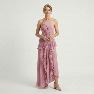 Ruffella - Pleated Ruffle Halter Maxi Dress