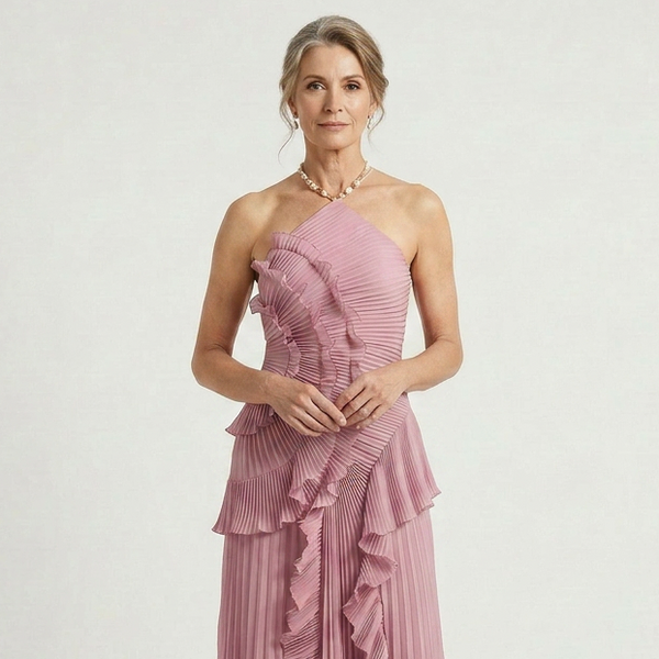 Ruffella - Pleated Ruffle Halter Maxi Dress
