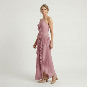 Ruffella - Pleated Ruffle Halter Maxi Dress