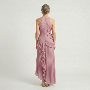 Ruffella - Pleated Ruffle Halter Maxi Dress