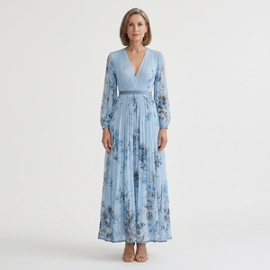 Samantha - Pleated Floral V-Neck Maxi Dress