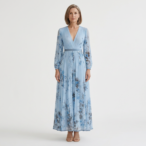 Samantha - Pleated Floral V-Neck Maxi Dress