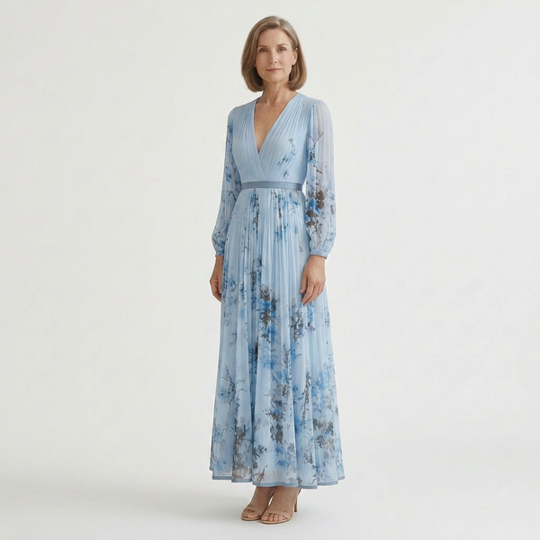 Samantha - Pleated Floral V-Neck Maxi Dress
