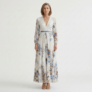Samantha - Pleated Floral V-Neck Maxi Dress