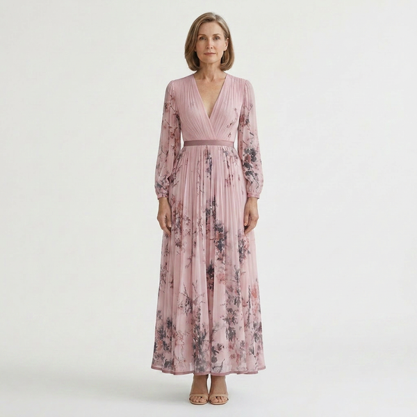 Samantha - Pleated Floral V-Neck Maxi Dress