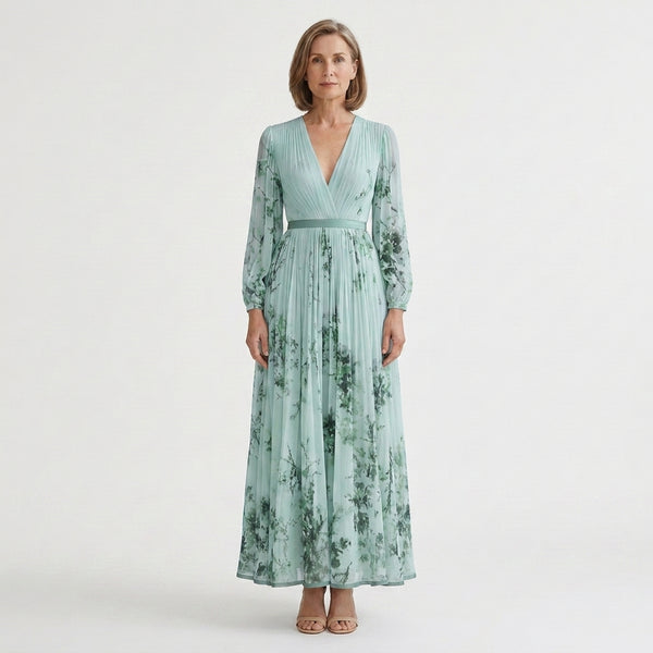 Samantha - Pleated Floral V-Neck Maxi Dress