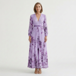 Samantha - Pleated Floral V-Neck Maxi Dress