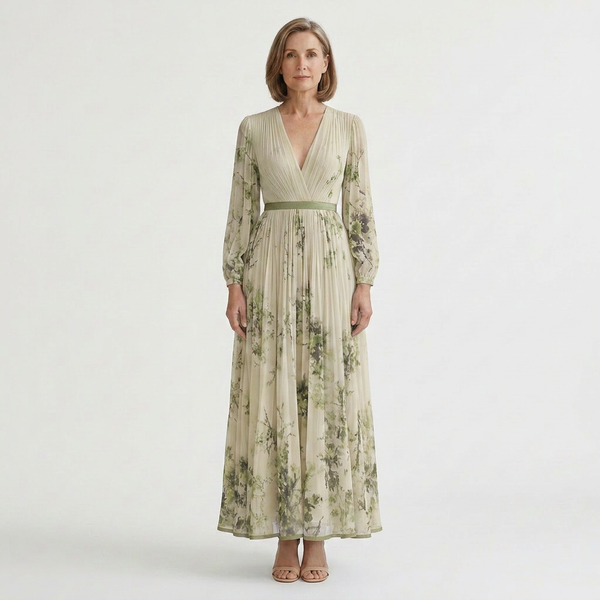 Samantha - Pleated Floral V-Neck Maxi Dress