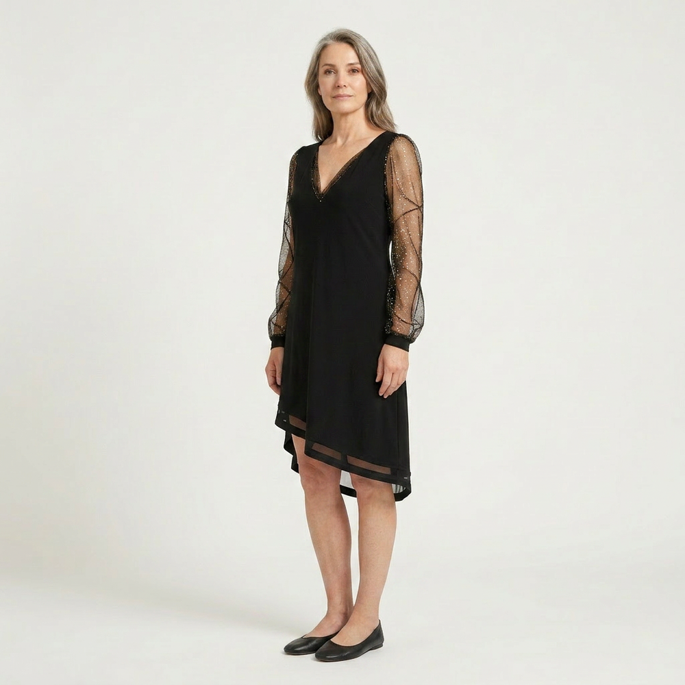 Skylar - V-Neck Midi Dress With Sheer Glitter Sleeves