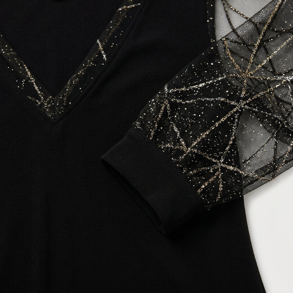 Skylar - V-Neck Midi Dress With Sheer Glitter Sleeves