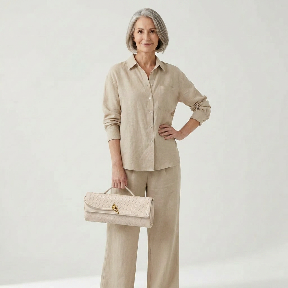 Wovella - Woven Accordion Flap Crossbody Bag Beige