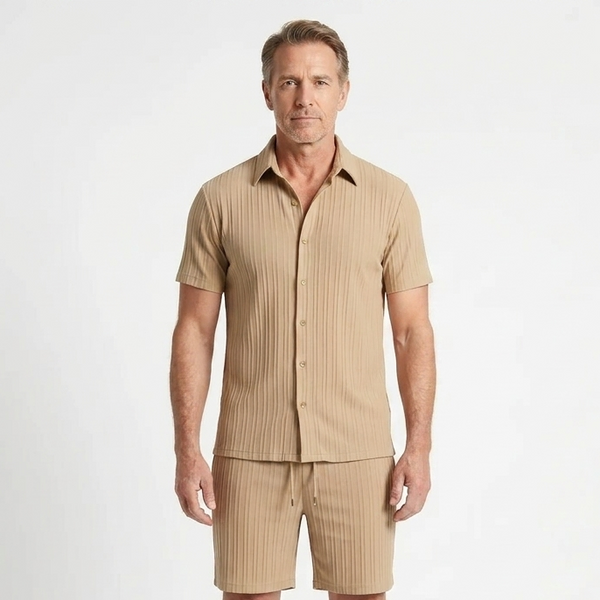 Victor - Textured Short Sleeve Shirt And Shorts Set