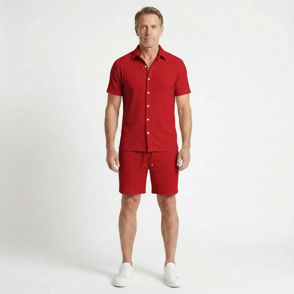 Victor - Textured Short Sleeve Shirt And Shorts Set