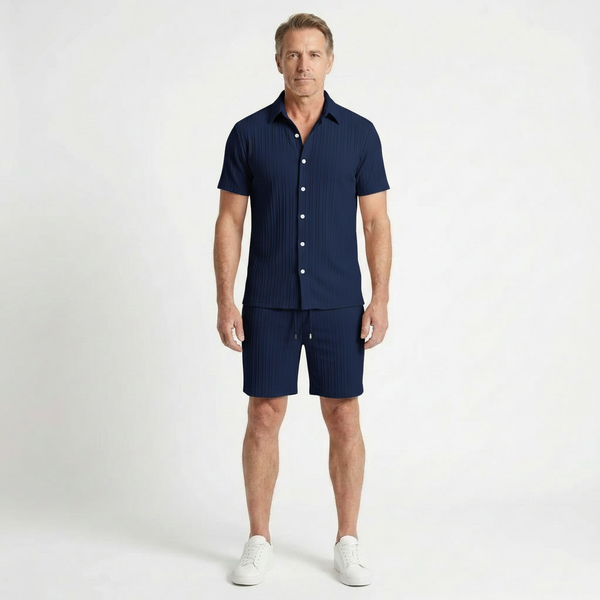 Victor - Textured Short Sleeve Shirt And Shorts Set
