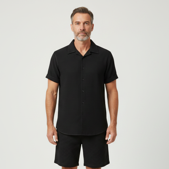 Eliaz - Textured Short Sleeve Shirt And Shorts Set
