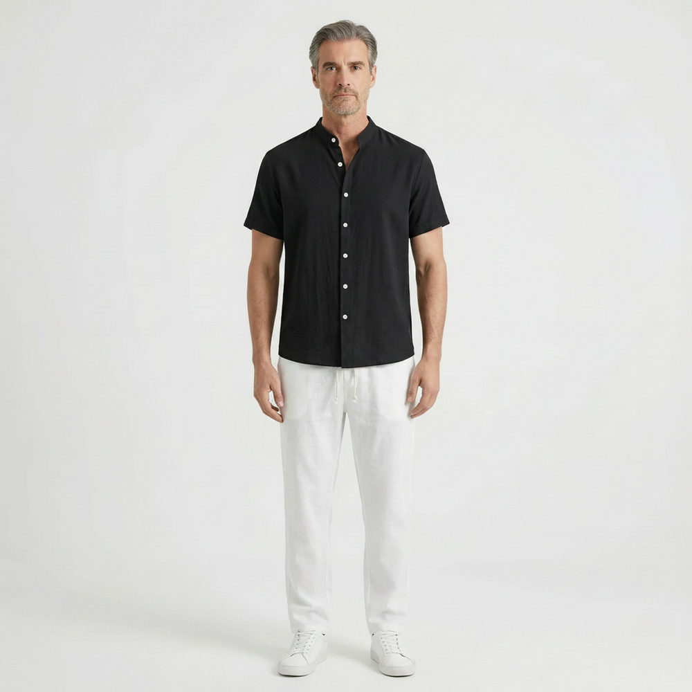 Stantero - Short-Sleeve Stand Collar Shirt And Pants Set