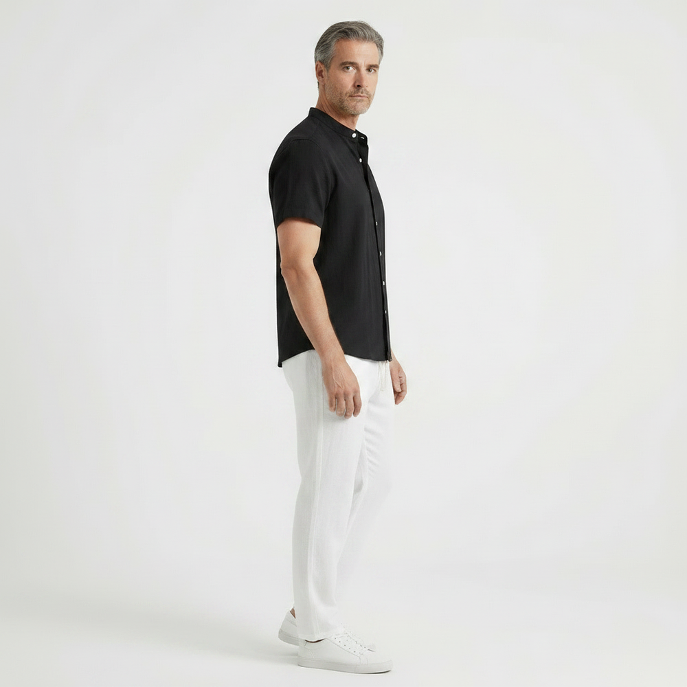 Stantero - Short-Sleeve Stand Collar Shirt And Pants Set