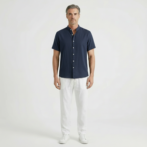 Stantero - Short-Sleeve Stand Collar Shirt And Pants Set