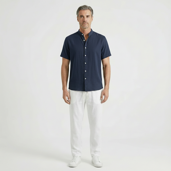 Stantero - Short-Sleeve Stand Collar Shirt And Pants Set