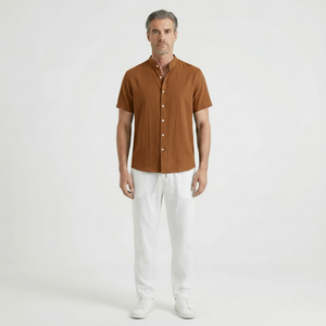 Stantero - Short-Sleeve Stand Collar Shirt And Pants Set