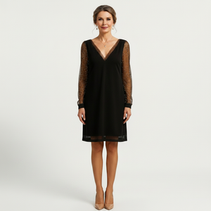 Glimmette - Deep V-Neck Sheer-Sleeve Mini Dress