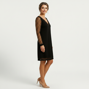 Glimmette - Deep V-Neck Sheer-Sleeve Mini Dress