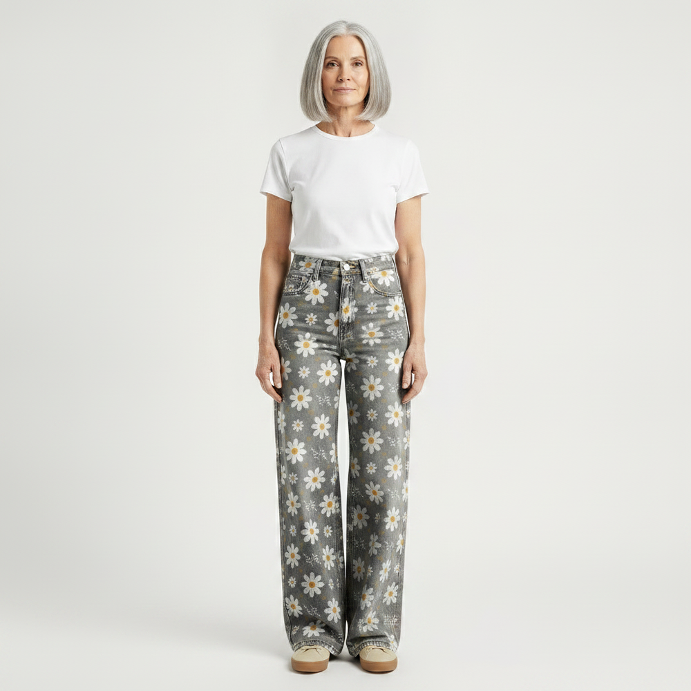 Florava - Wide-Leg Floral Print Baggy Pants